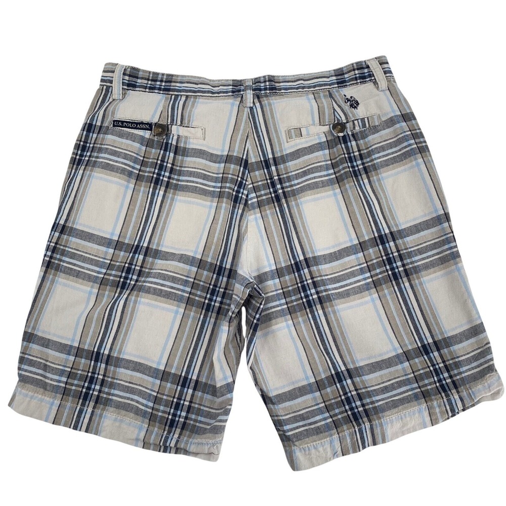 US Polo Assn Plaid Flat Front Chino Shorts Gray Blue Cotton Golf Outdoors Men 32